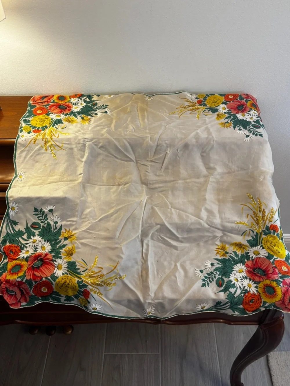 Vintage Susan Smith Creations Silk Rayon Chiffon Scarf Floral Border Hand Rolled